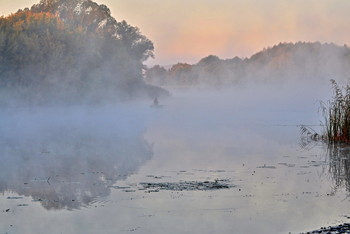 На утренней зорьке. / Первые заморозки. В лучах восходящего солнца сквозь пелену тумана появился рыбак.
