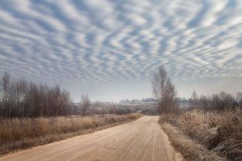По дороге с облаками / Мороз, иней,облака,небо,дорога,Ярославская область