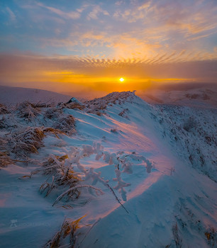 На склоне горы Стрижамента / Красочный закат в зимней степи. Был туманный вечер. К закату солнце наконец-то пробилось, озаряя пейзаж картинным светом. 
Фотопроект «Открывая Ставрополье». Декабрь, 2018 г.