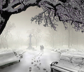 Первый снег / снег,Пушкин,Кишинёв,парк,пара,скамейки,туман