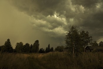 "Тучи встали. Замерла природа ..." / "По белу свету сумрачно кочуя,
 Негаданно, нежданно из дали
 Седые тучи черноту ночную
 В хороший светлый день приволокли ...
 Затрепетали робкие осинки
 Перед немой угрюмой темнотой,
 И первые дождинки, как слезинки,
 Повисли над испуганной листвой ..."
 И.Кобзев