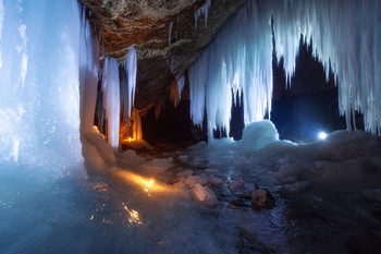 &nbsp; / Night on the icefalls. I illuminated the icefall with my headlamp, phone and candles. :)