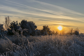 Декабрьский закат / Короткий декабрьский день, мороз и солнце, трава покрыта инеем