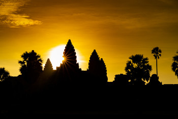 &nbsp; / Silhouette ancient temple complex Angkor Wat with morning Sunrise, wonderful orange sky, Siem Reap Cambodia
