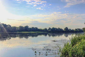 Рассветный свет на реке... / Утром на берегу реки. Когда солнце взошло и лучи появились на реке. Водная гладь реки с отражениями облаков.. Река и и ее окрестности утром. Отраженный противоположный берег реки. Свет утреннего солнца на реке..