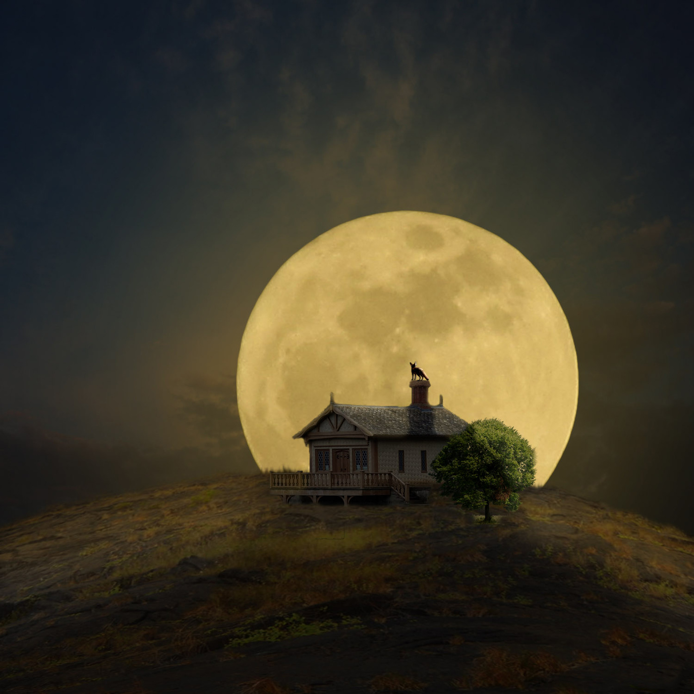 Домик на луне. Огромная Луна. Луна над домами. Картина Луна.