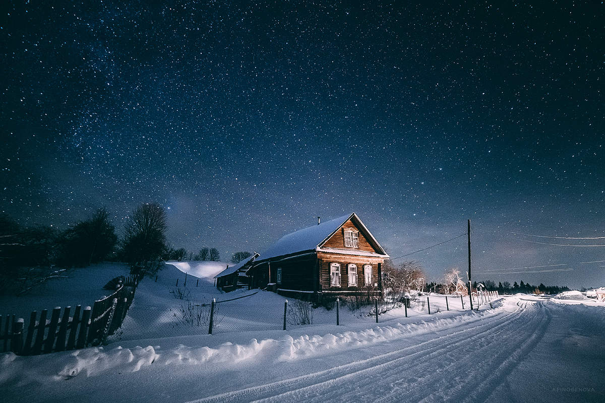 деревня зимой ночью