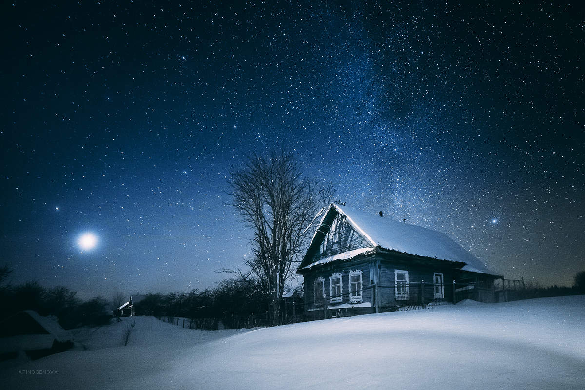 фото зима в деревне ночью