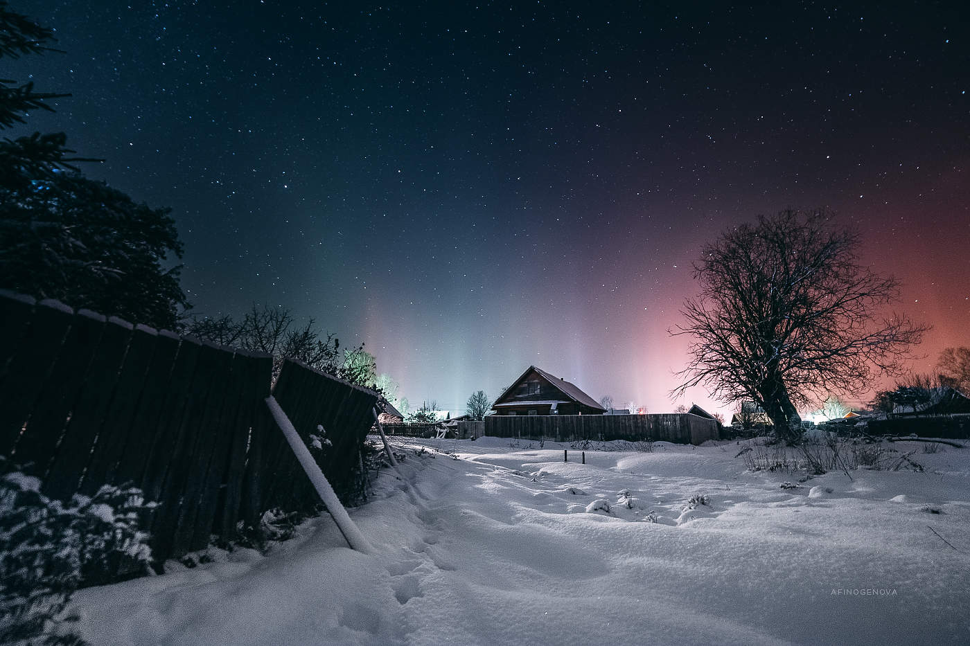 Деревня Зимой Ночью Фото